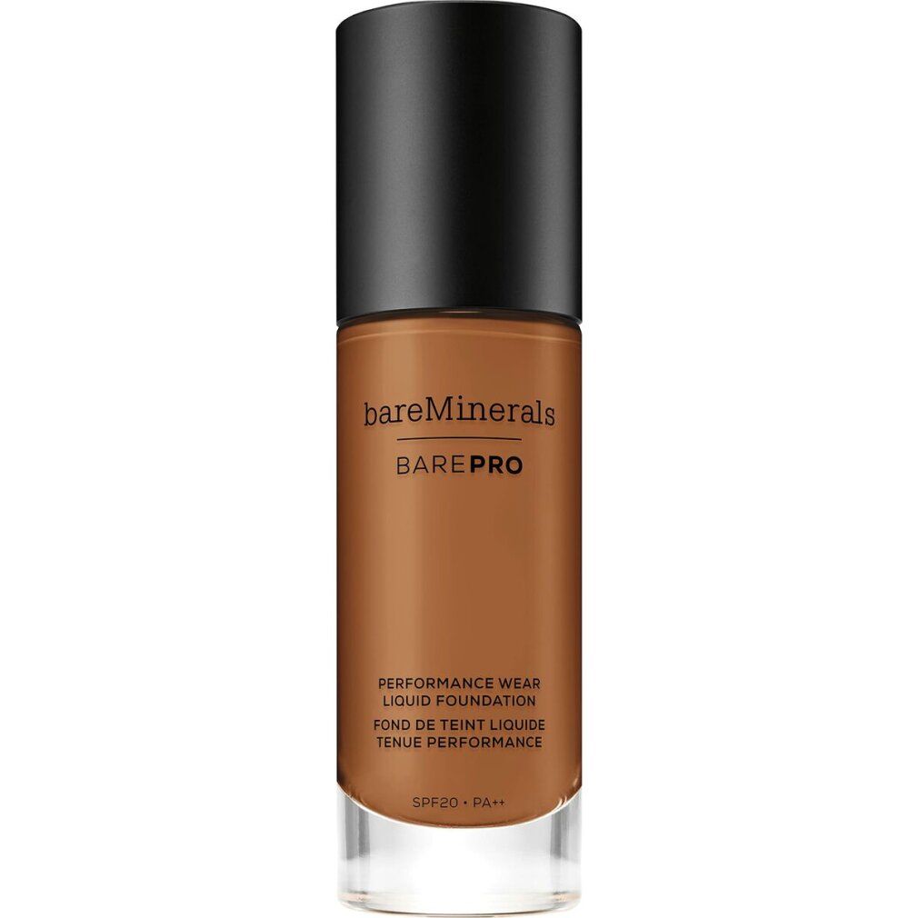 Flüssiggrundierung mit schwarzem Deckel. Aufschrift: bareMinerals BAREPRO. Text: PERFORMANCE WEAR LIQUID FOUNDATION. SPF20.