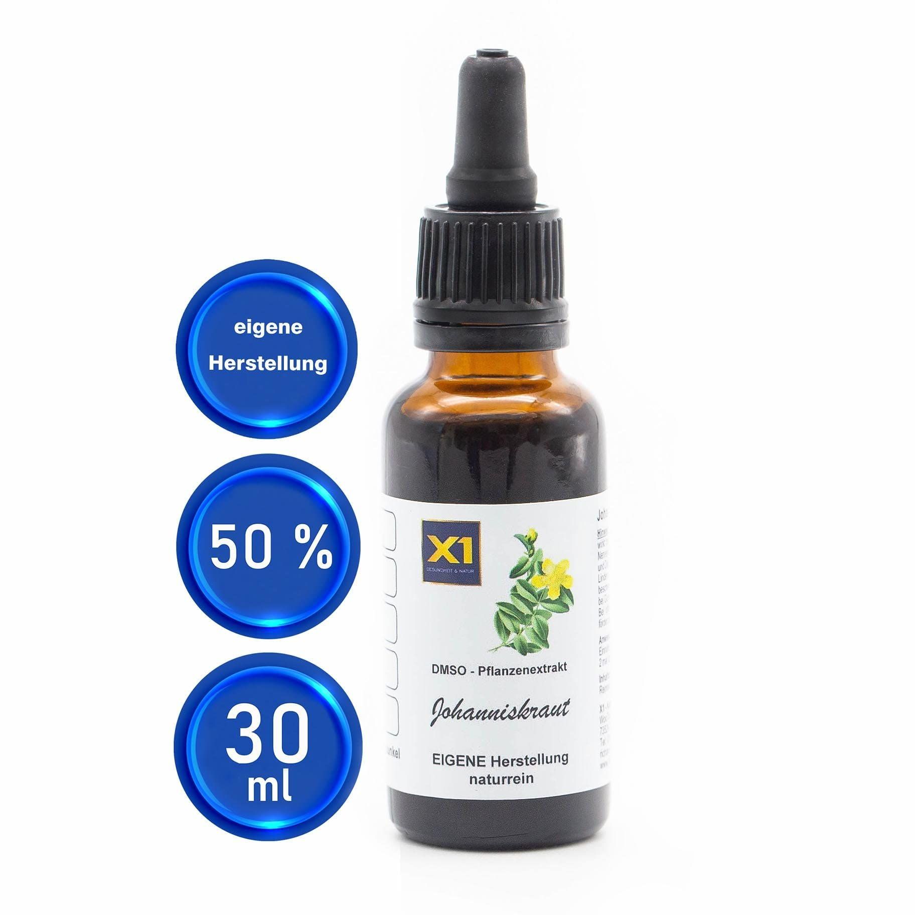 Braune Glasflasche mit Pipettenverschluss, gefüllt mit Johanniskraut-Pflanzenextrakt. Enthält 30 ml.