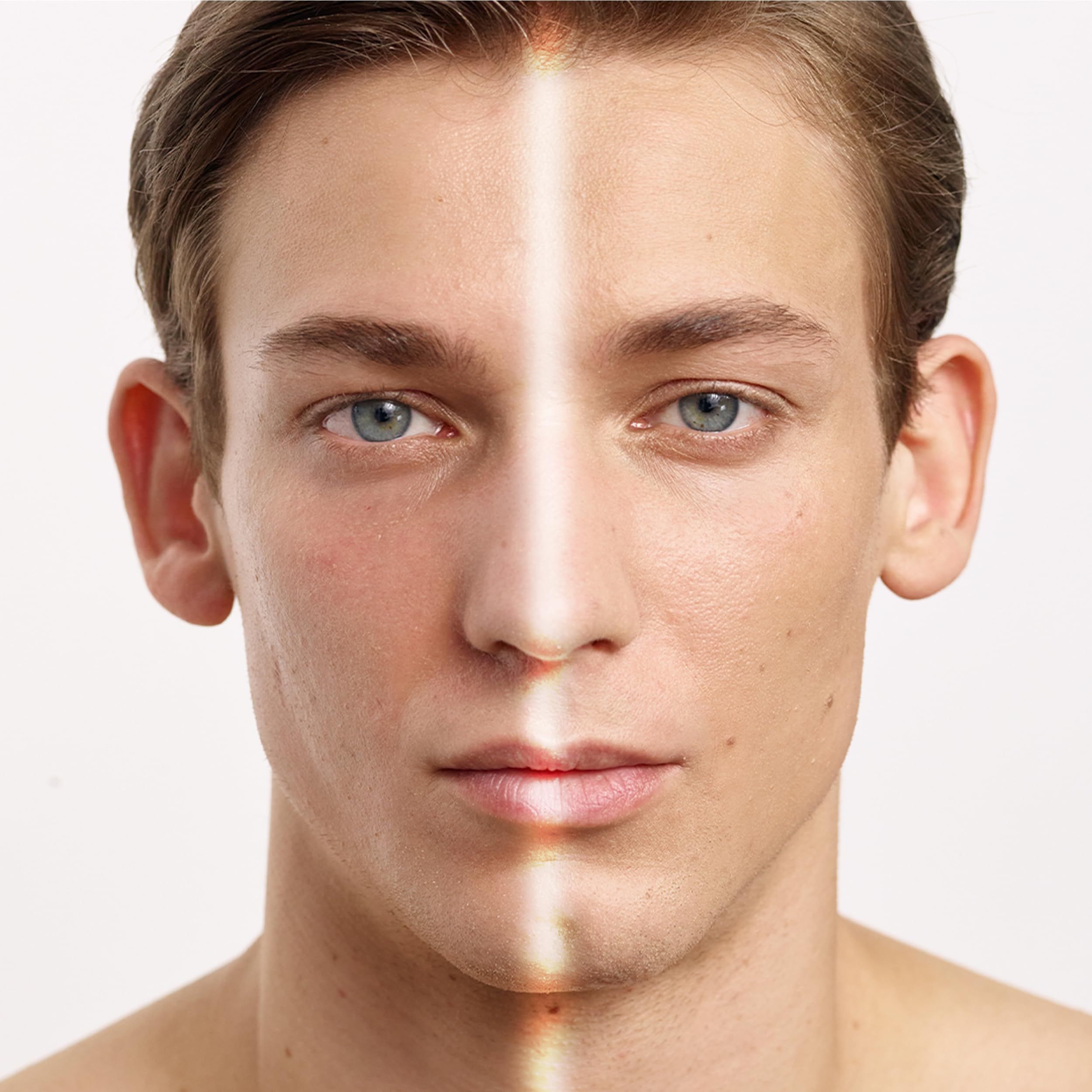 Porträt eines Mannes, Gesicht in zwei Hälften geteilt. Eine Hälfte ist ungeschminkt, die andere mit Produkt.