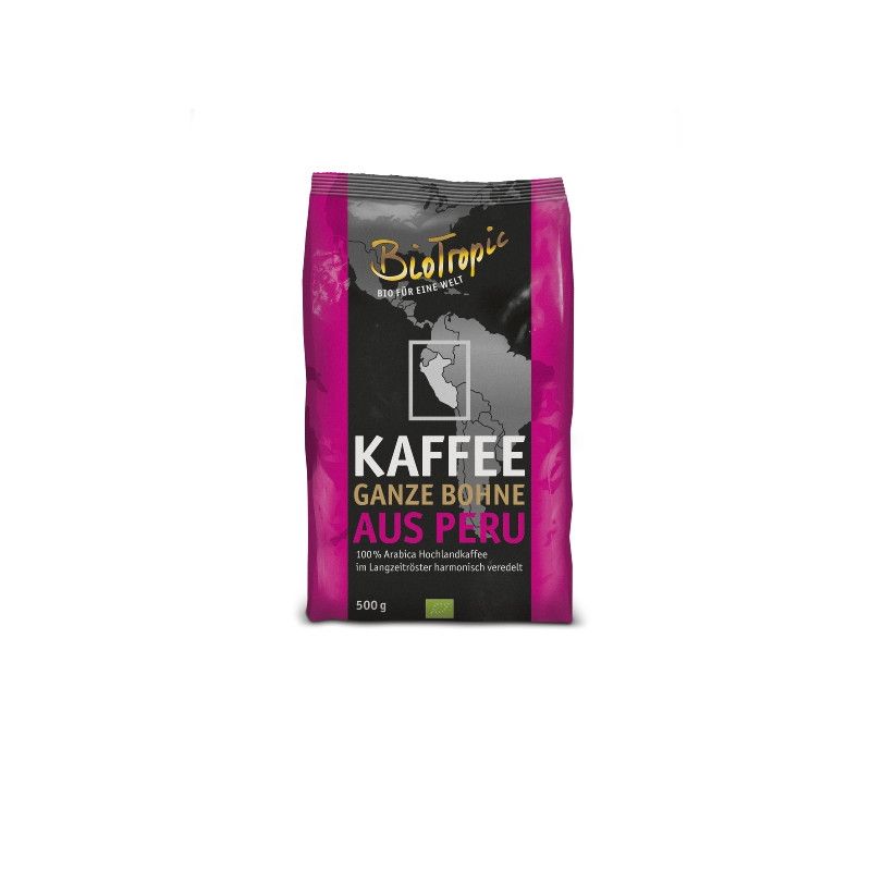 Kaffeepackung mit der Aufschrift "Kaffee ganze Bohne aus Peru". Logo von BioTropic. 500g.