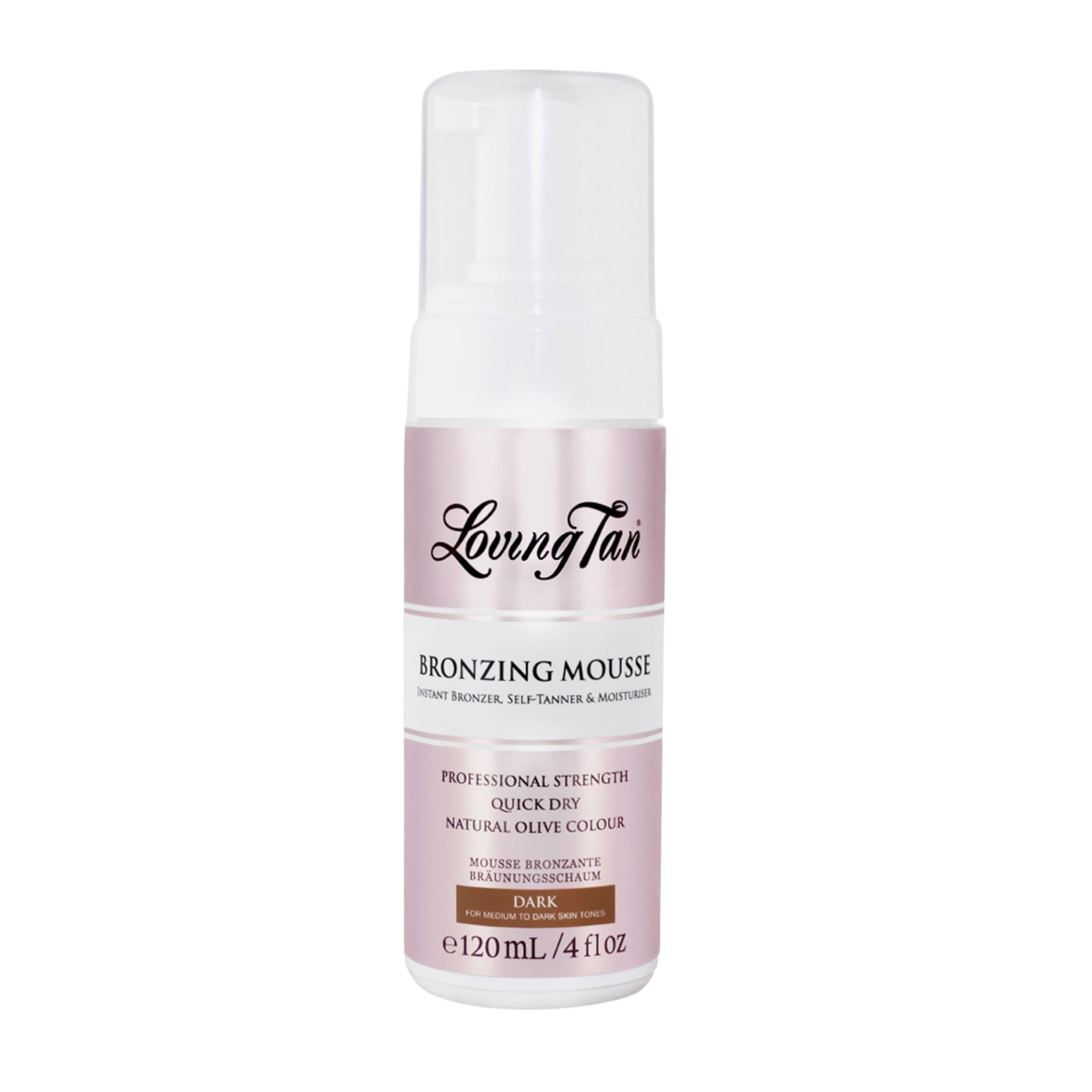 Eine Flasche Loving Tan Bronzing Mousse Dark. Weißer Spender mit braunem Etikett. Text: Bronzing Mousse, Dark, 120 ml.