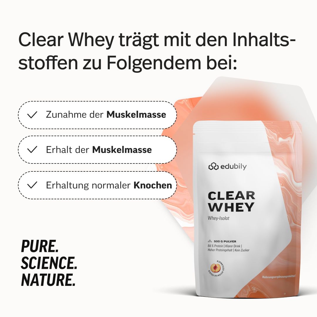 Verpackung edubily® Clear Whey Isolat. Unterstützt Muskelmasse und normale Knochen. PURE. SCIENCE. NATURE.