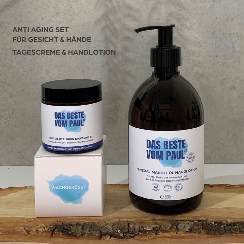 Set mit Creme, Lotion und Box. Aufschrift: Das Beste vom Paul. Anti-Aging Set für Gesicht & Hände.