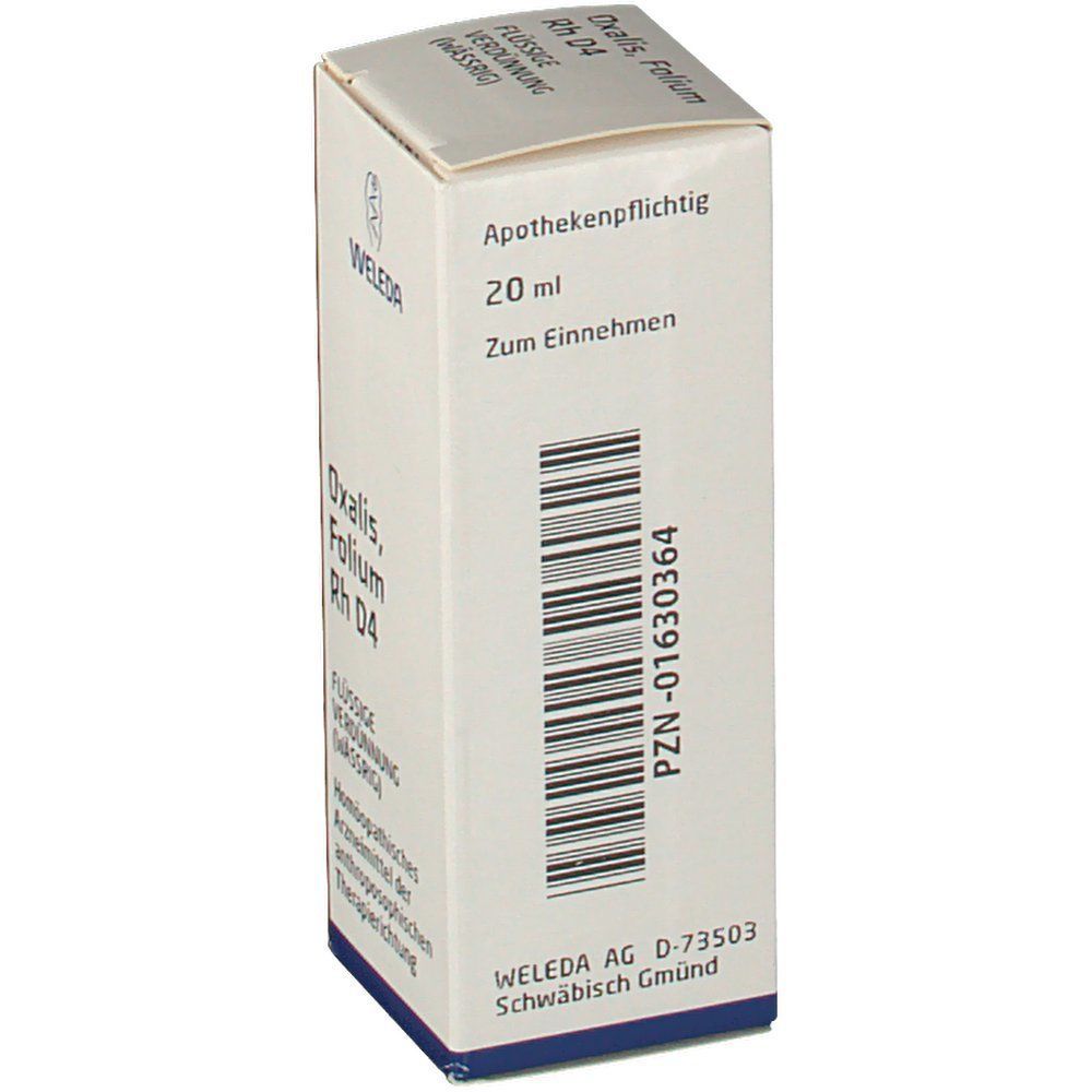 Weleda Oxalis Folium Rh D4. Weiße Faltschachtel. Rückseite mit Barcode und Text. Apothekenpflichtig. 20 ml.