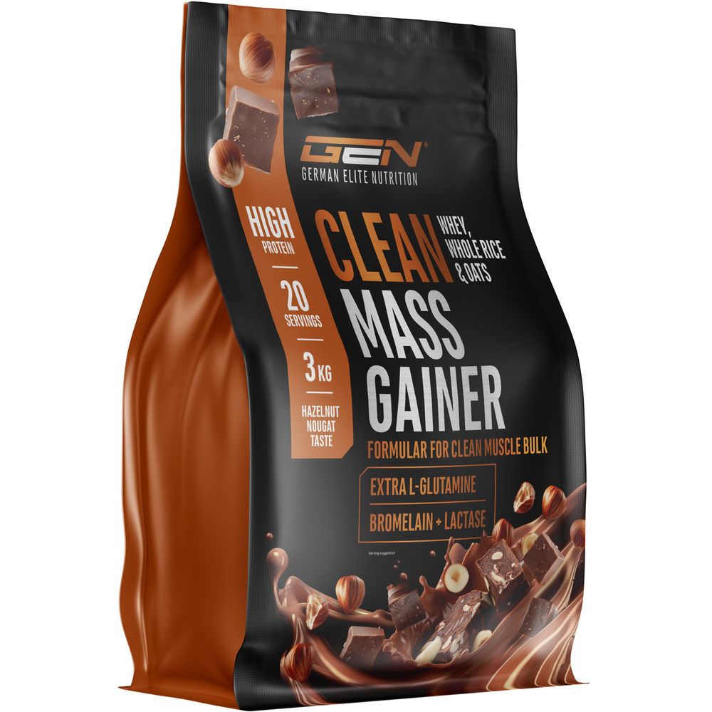 Schwarzer Beutel mit Aufschrift CLEAN MASS GAINER. Enthält 3 kg, 20 Portionen. Mit Hazelnut Nougat Geschmack. GEN German Elite Nutrition.