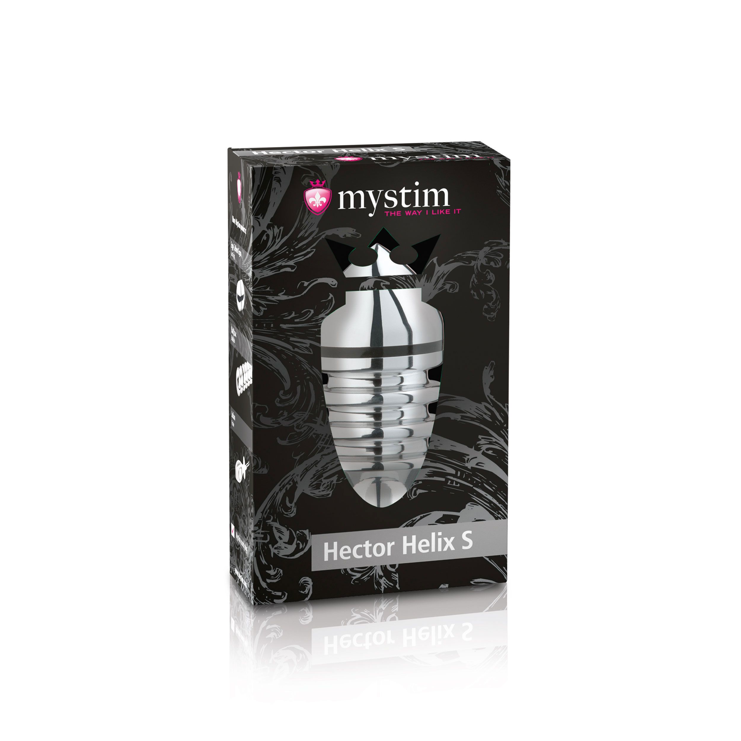 Verpackung von Mystim Hector Helix S. Schwarzer Karton mit Produktabbildung. Marke und Produktname sind sichtbar.