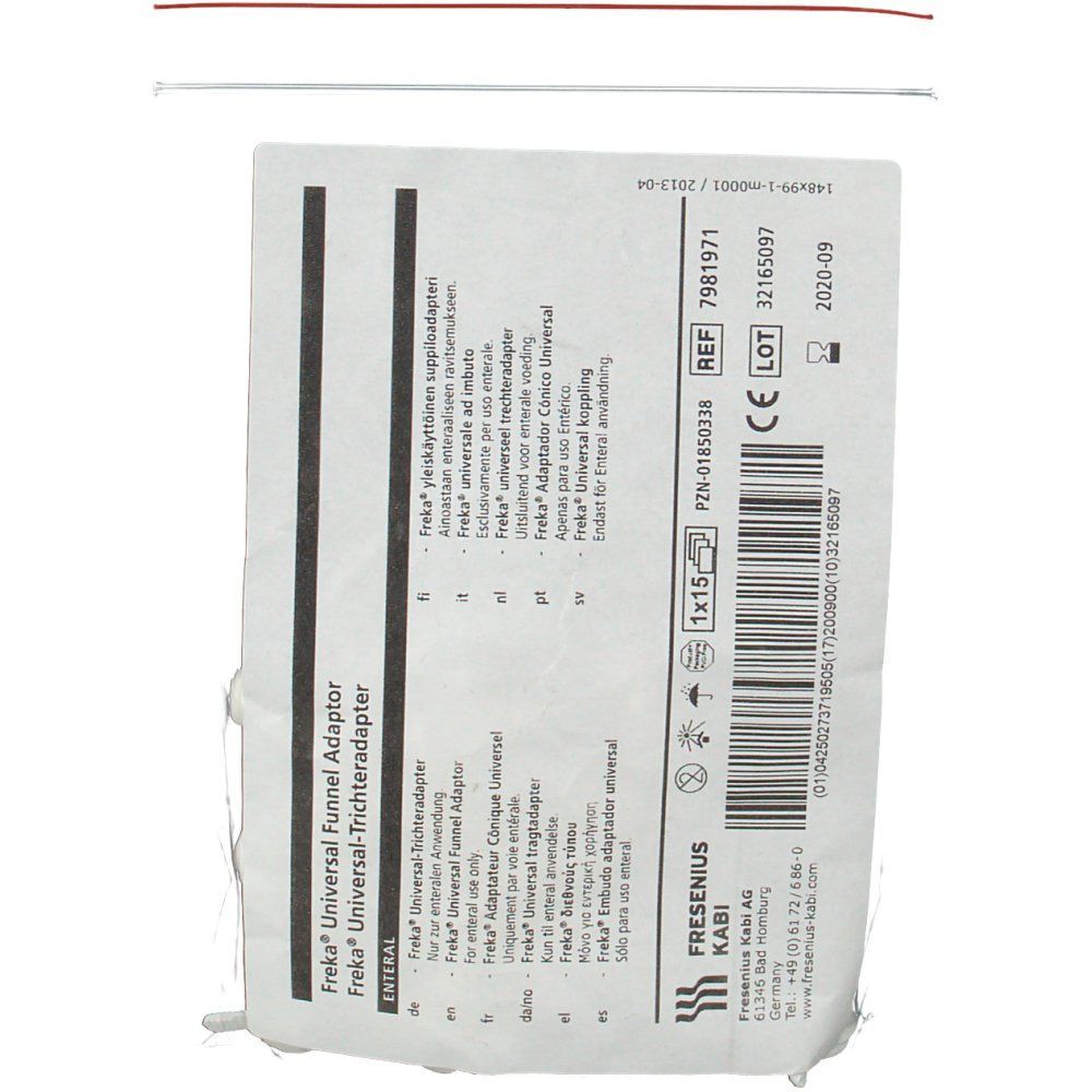 Verpackung mit Produktinformationen. Aufschrift: Freka Universal Funnel Adaptor, Universal-Trichteradapter. Enthält 15 Stück. Mit CE-Kennzeichnung.