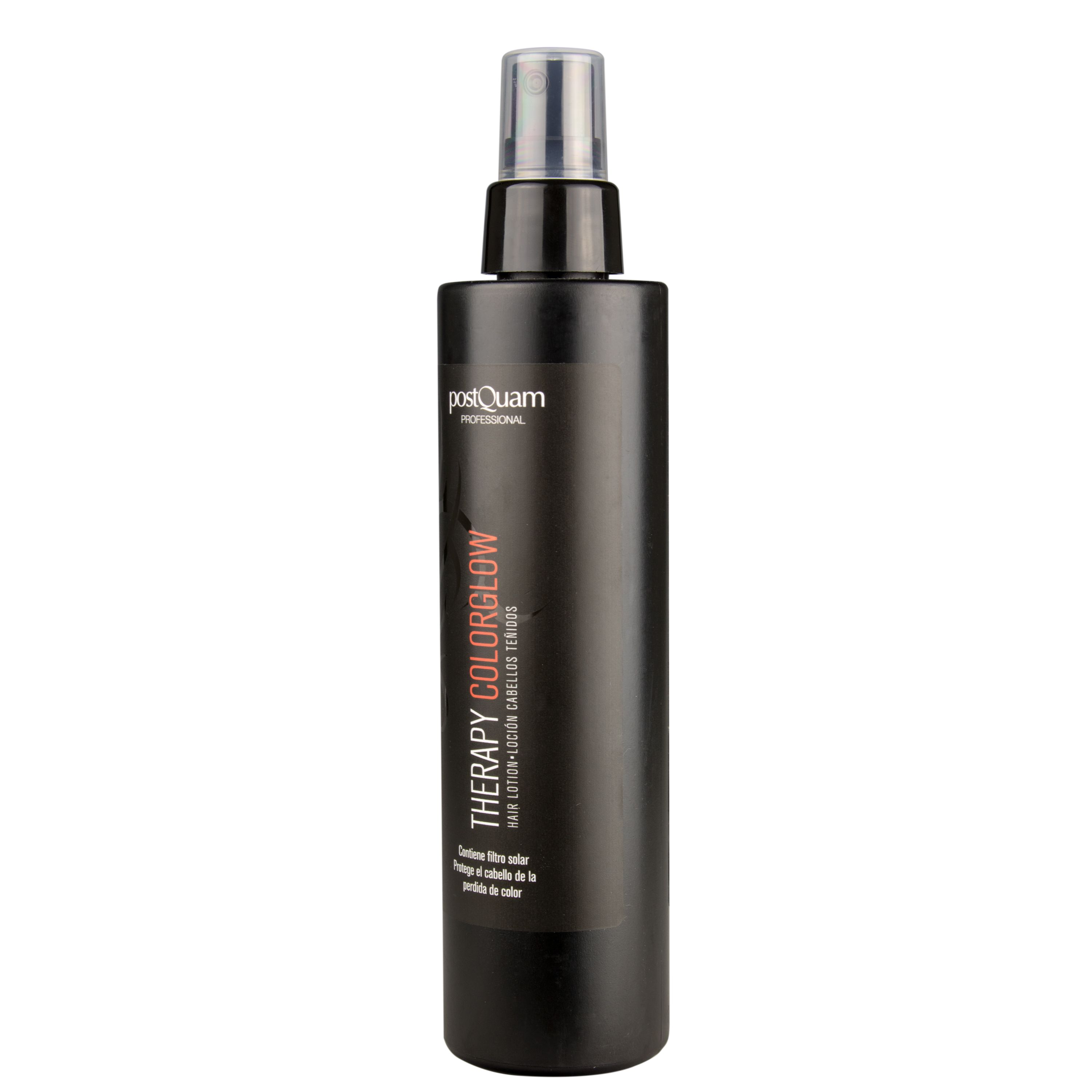 Schwarze Sprühflasche mit "postQuam PROFESSIONAL" und "THERAPY COLORGLOW". Enthält Filter, schützt vor Farbverlust.