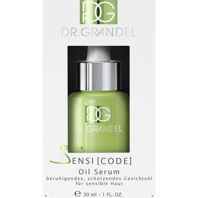 Grüne Glasflasche mit silbernem Verschluss. Aufschrift: DR. GRANDEL, SENSI [CODE] Oil Serum. Für sensible Haut.