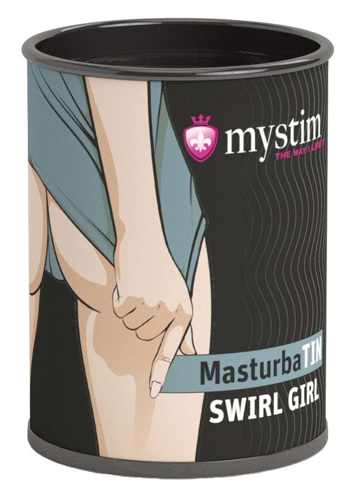 Zylindrische Dose mit Produktabbildung. Zeigt eine Frau. Produktname: MasturbaTIN Swirl Girl.