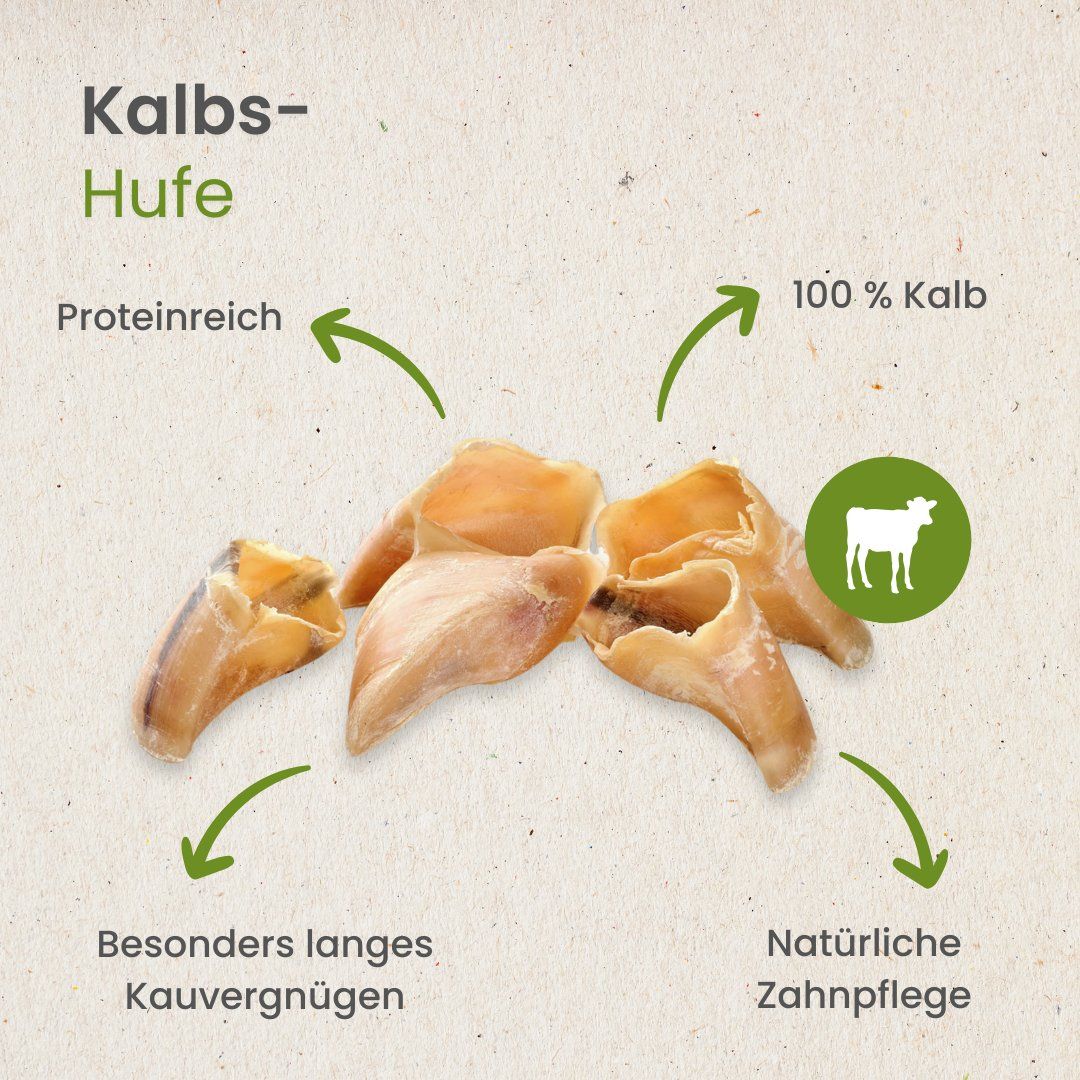 Kalbs-Hufe: 100% Kalb, proteinreich, für langes Kauen und natürliche Zahnpflege.