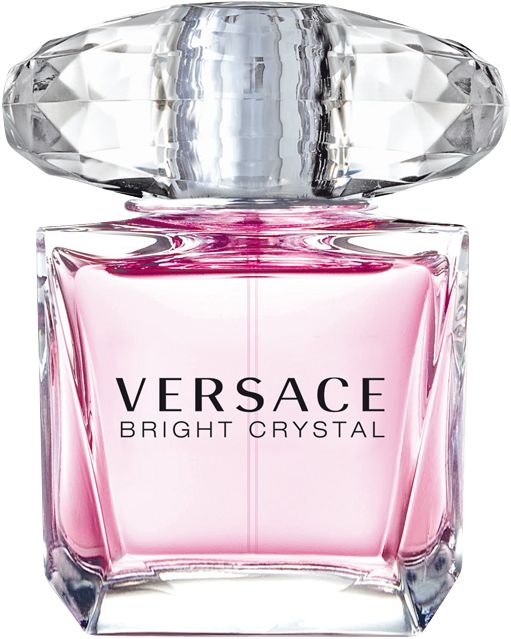 Rosa Parfumflasche mit Kristallverschluss. Aufschrift: Versace Bright Crystal.