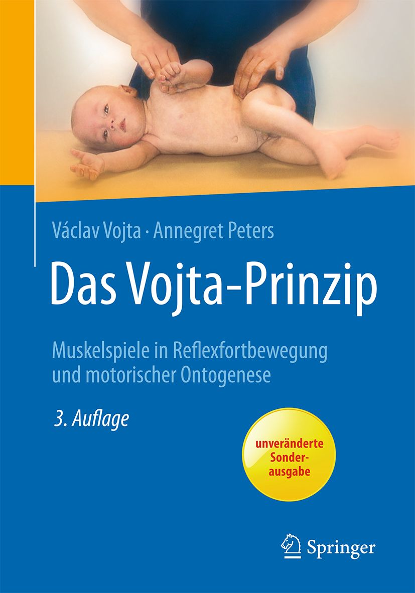 Buchcover: "Das Vojta-Prinzip". Baby auf gelber Fläche, Hände über ihm. Titel, Autoren, Auflage und Springer-Logo sichtbar.