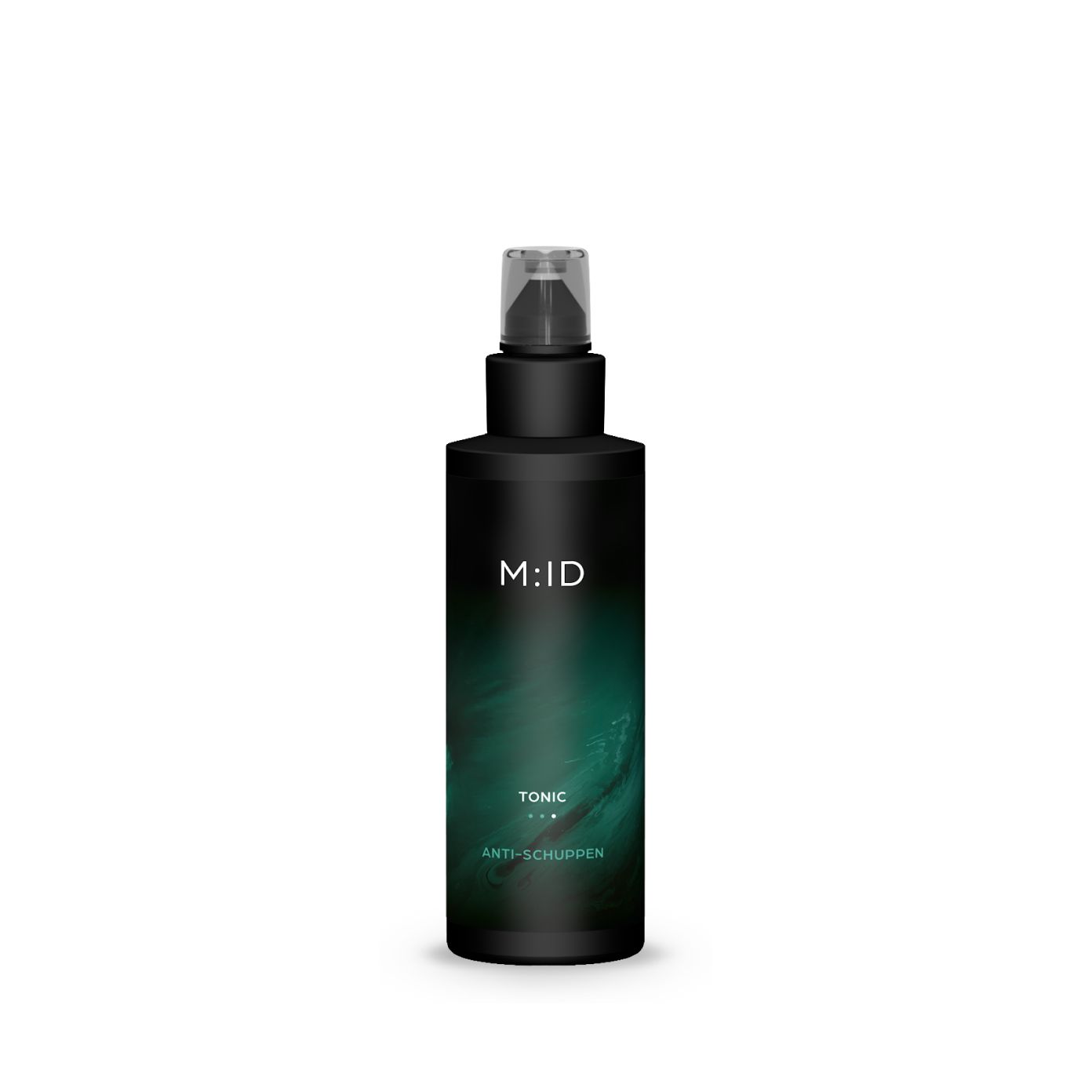 Schwarze Flasche mit Sprühkopf. Aufschrift M:ID, Tonic, Anti-Schuppen. Grüner Farbverlauf.