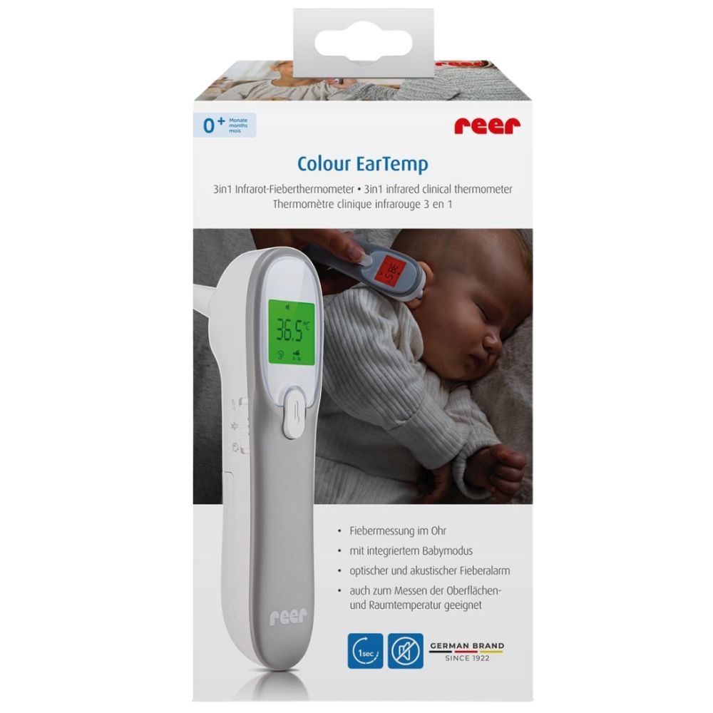 Verpackung mit Ohrthermometer. Text: Colour EarTemp, 3in1 Infrarot-Fieberthermometer. Marke: reer.