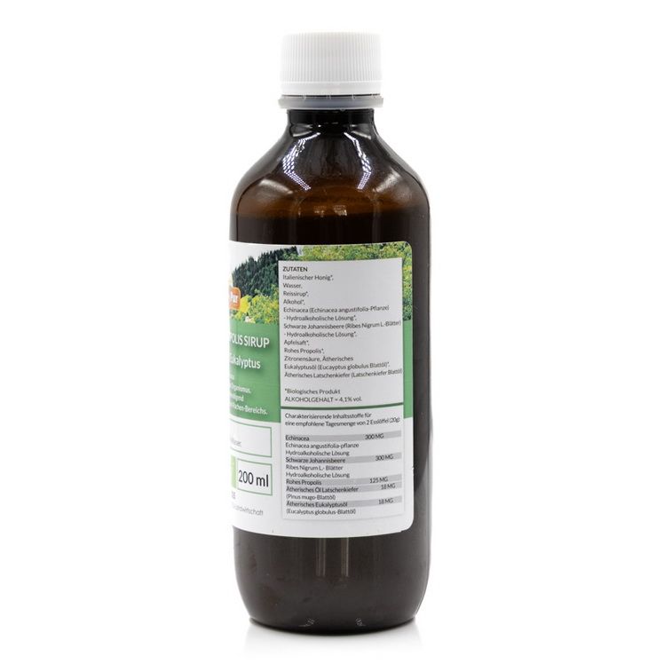 Rückseite einer braunen Glasflasche mit weißem Deckel. Etikett mit Inhaltsstoffen und Nährwertangaben. Bio-Zertifizierung. 200 ml.