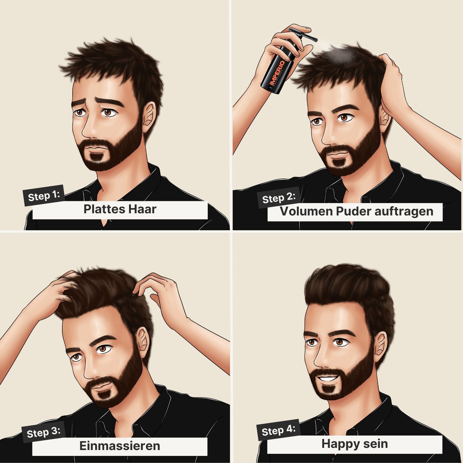 Illustration: Mann mit platten Haaren. Anwendungsschritte: Auftragen, einmassieren. Ergebnis: Happy sein.