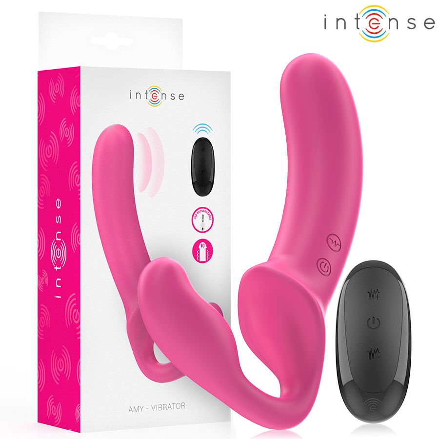 Rosa Doppelvibrator mit schwarzer Fernbedienung. Produktverpackung mit Logo und Produktnamen. Vibrator mit geschwungenem Design.