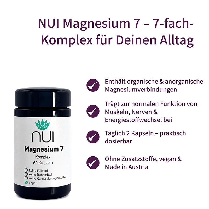 NUI Magnesium 7 Flasche. Schwarzer Deckel, weißes Etikett. Text: 7-fach Komplex für den Alltag.