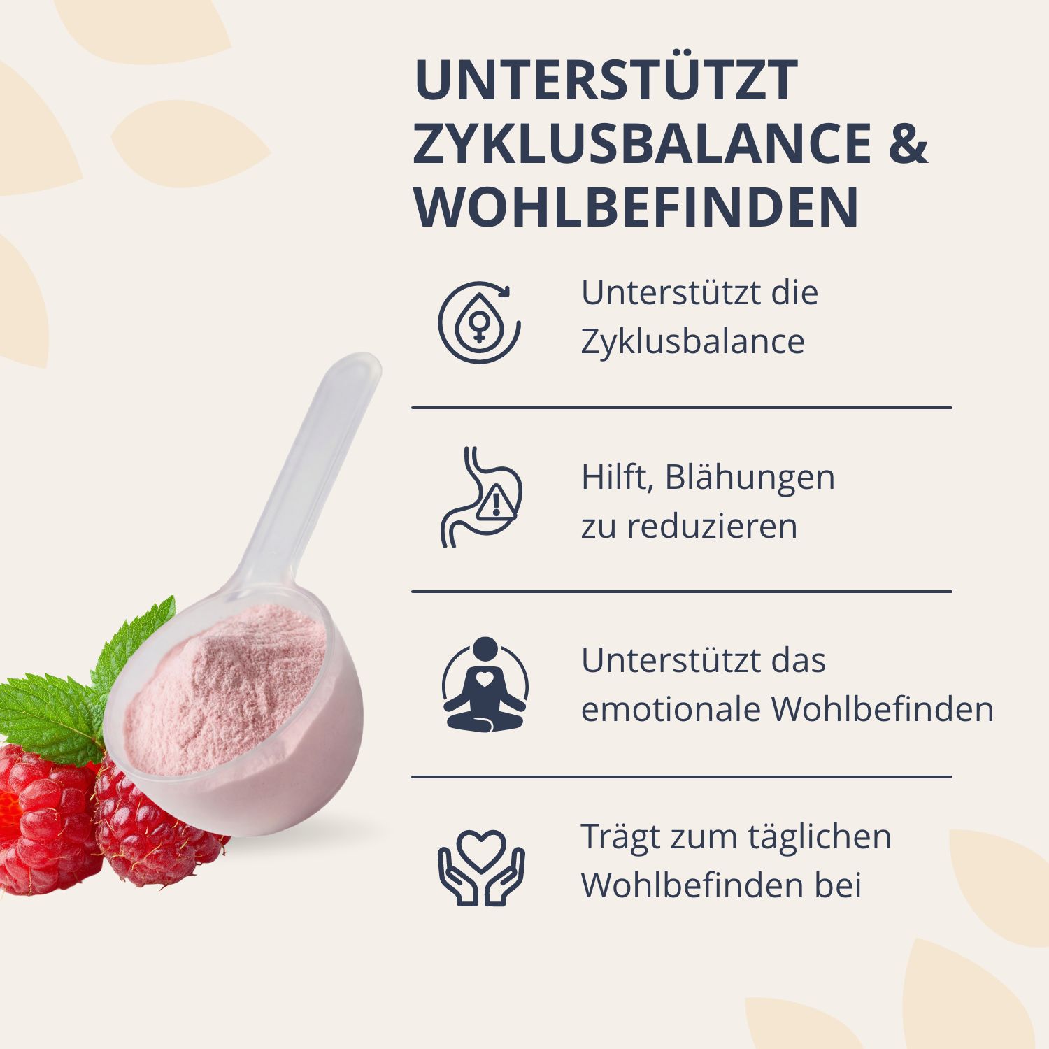 Löffel mit rosa Pulver, Himbeeren, Minzblättern und Infoboxen zu Vorteilen.