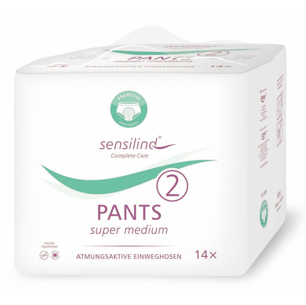 Weißes Paket mit Sensilind Pants Super Medium. Aufdruck: Marke, Produktname, Größe 2, 14 Stück, atmungsaktiv.