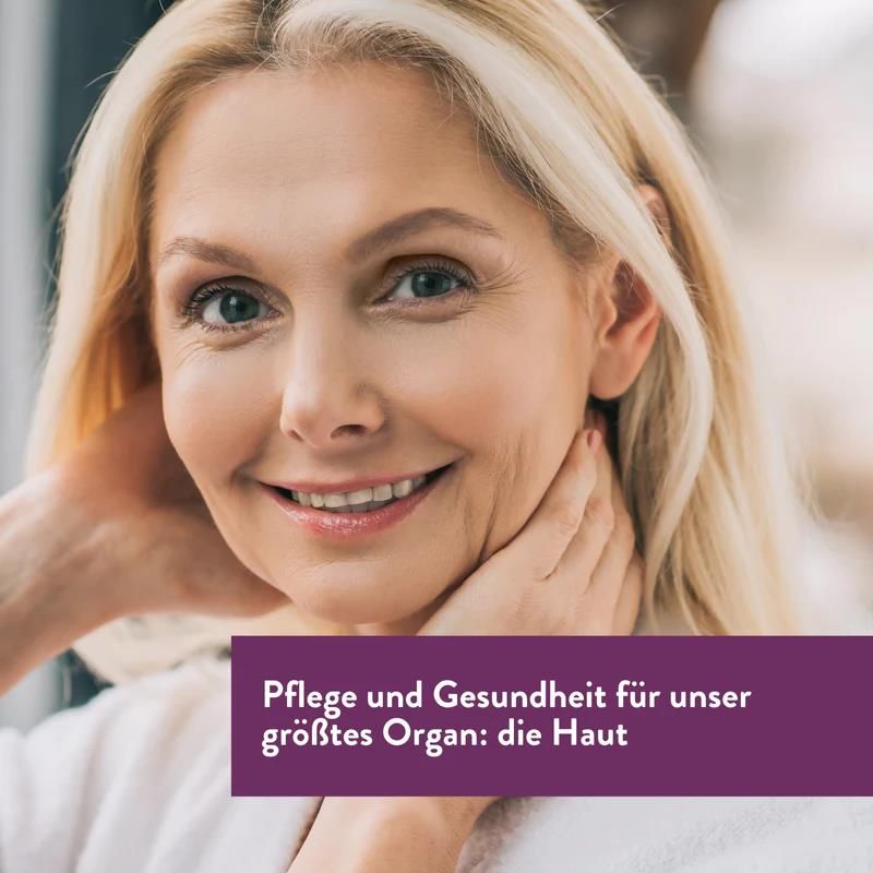 Porträt einer Frau. Text: Pflege und Gesundheit für unser größtes Organ: die Haut.