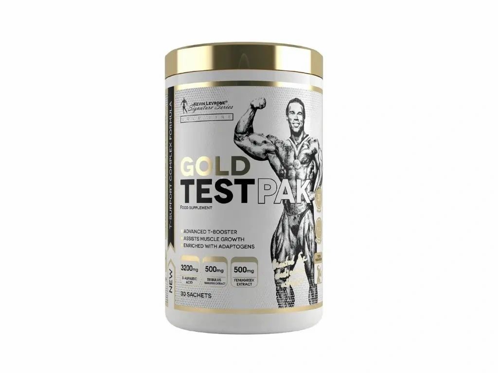 Kevin Levrone Gold Test Pak Dose mit 30 Beuteln. Enthält Abbildungen von Muskelaufbau und Text zu T-Booster.
