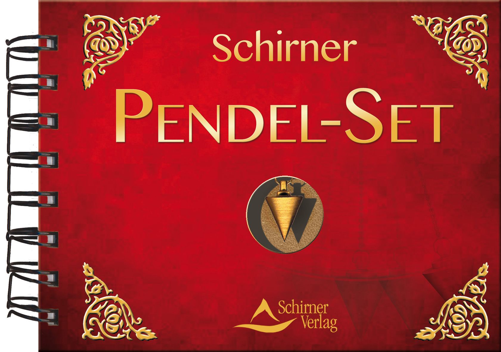 Rotes Buch mit Spiralbindung. Titel: Pendel-Set. Logo: Schirner Verlag. Goldene Verzierungen und ein Pendel-Symbol.