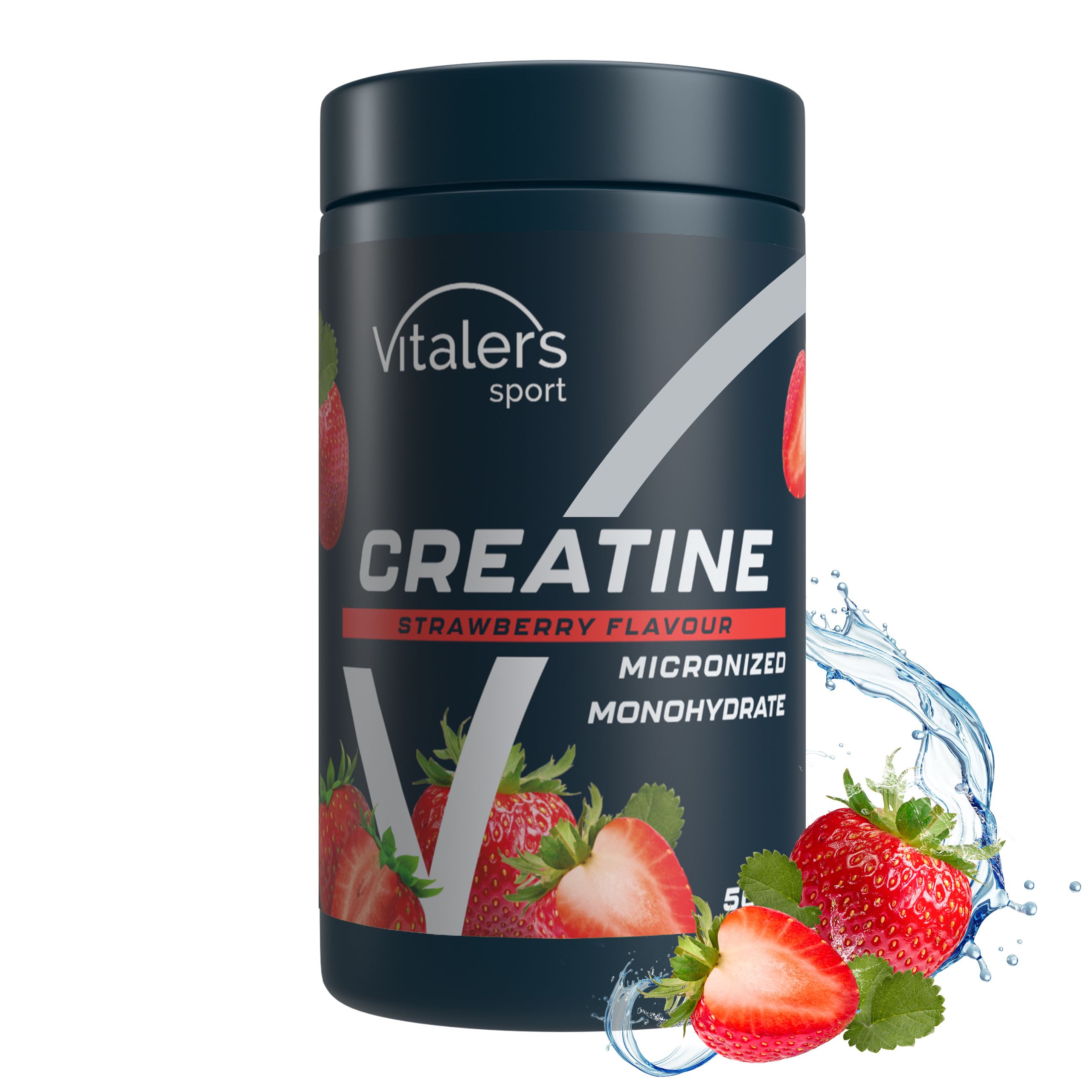 Dunkler Behälter mit dem Etikett 'Vitaler's Sport Kreatin Monohydrat Erdbeergeschmack', umgeben von Erdbeeren und Wasserspritzern.