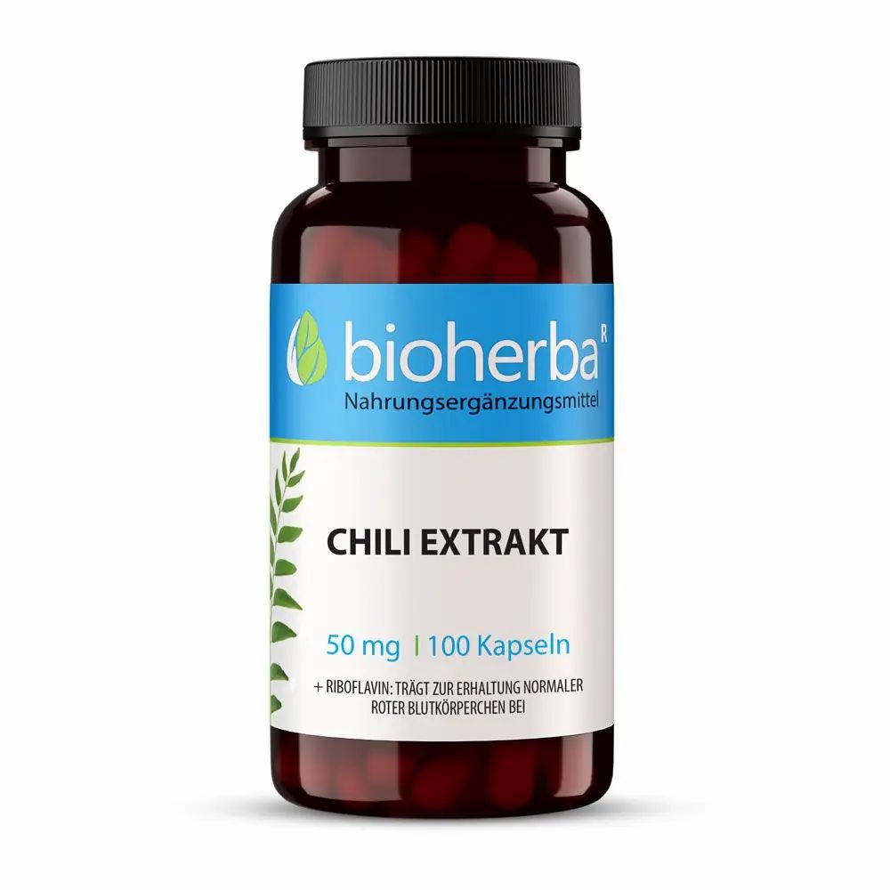 Braune Flasche mit schwarzen Deckel. Etikett mit "Bioherba" und "Chili Extrakt". Enthält 100 Kapseln.