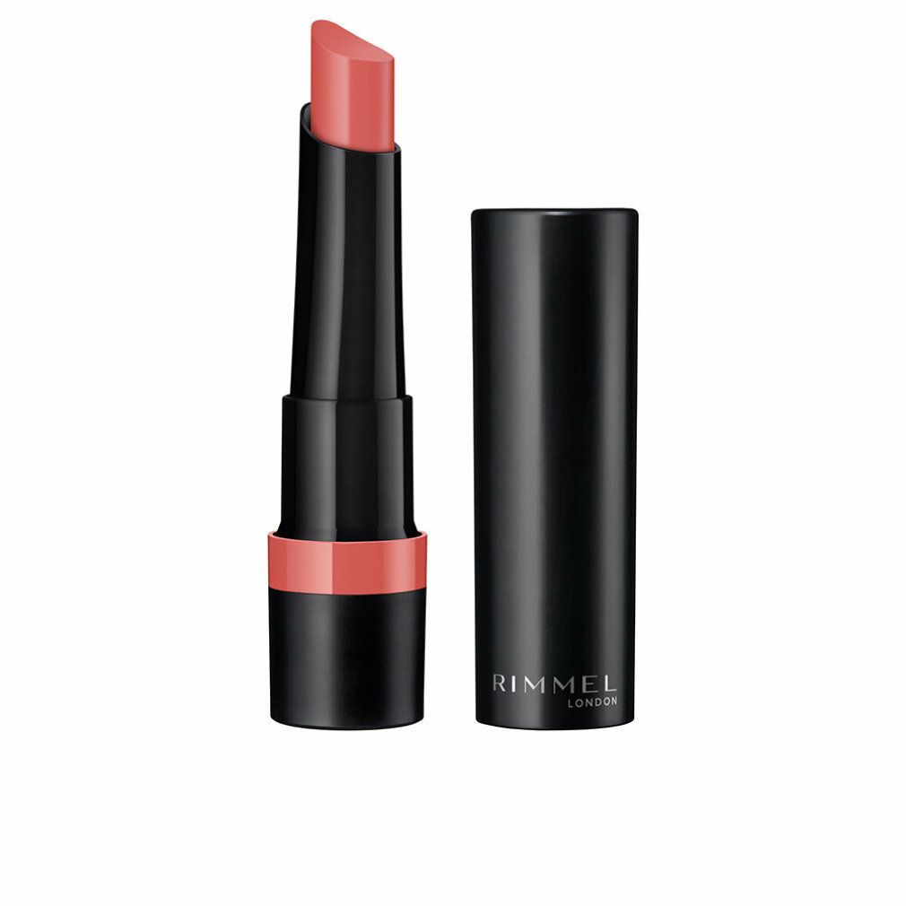 Lippenstift mit schwarzem Gehäuse und geöffneter Kappe. Der Lippenstift ist rosa. Auf dem Gehäuse steht Rimmel London.