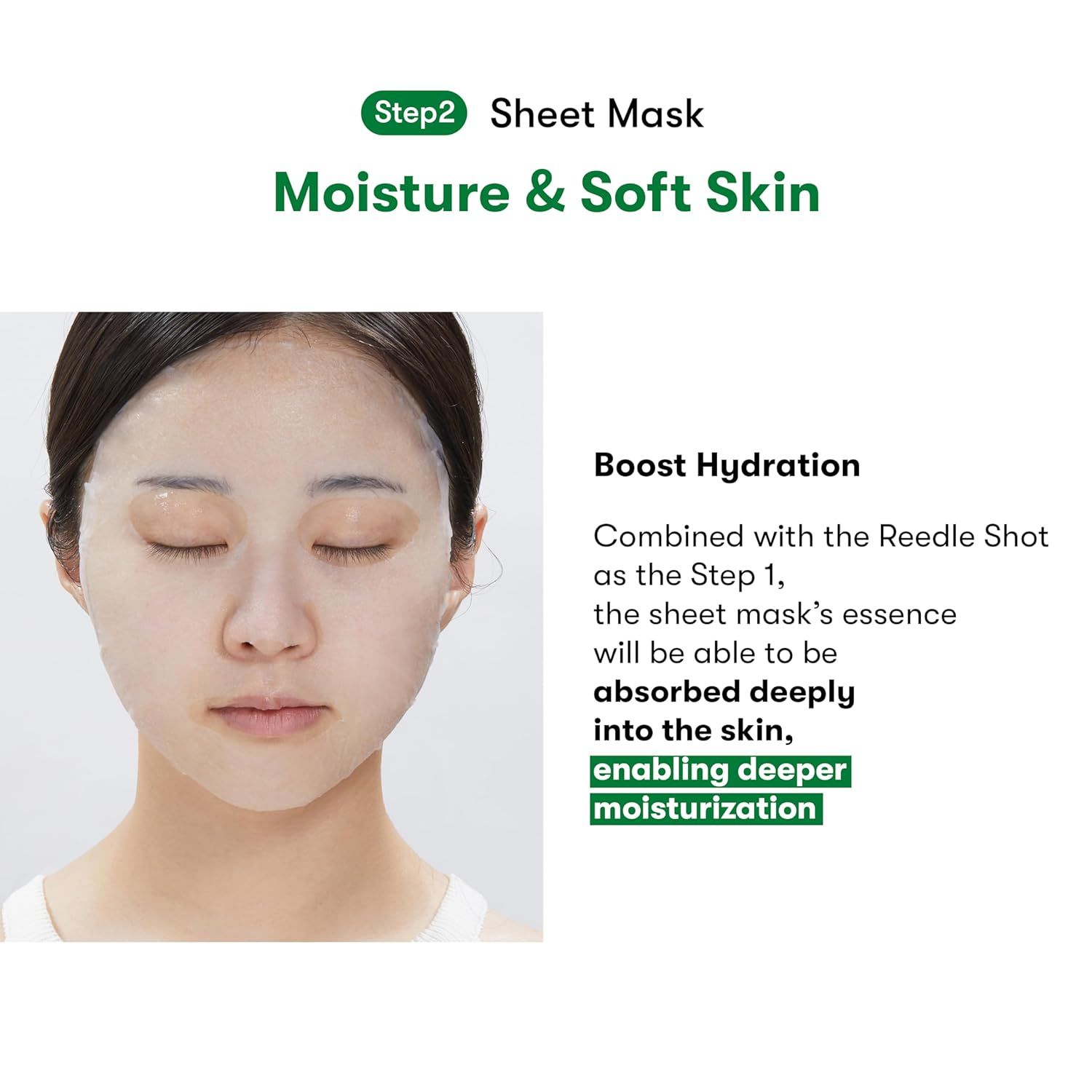 Nahaufnahme einer Frau mit einer Sheet Maske auf dem Gesicht. Text: Step 2 Sheet Mask, Moisture & Soft Skin, Boost Hydration.