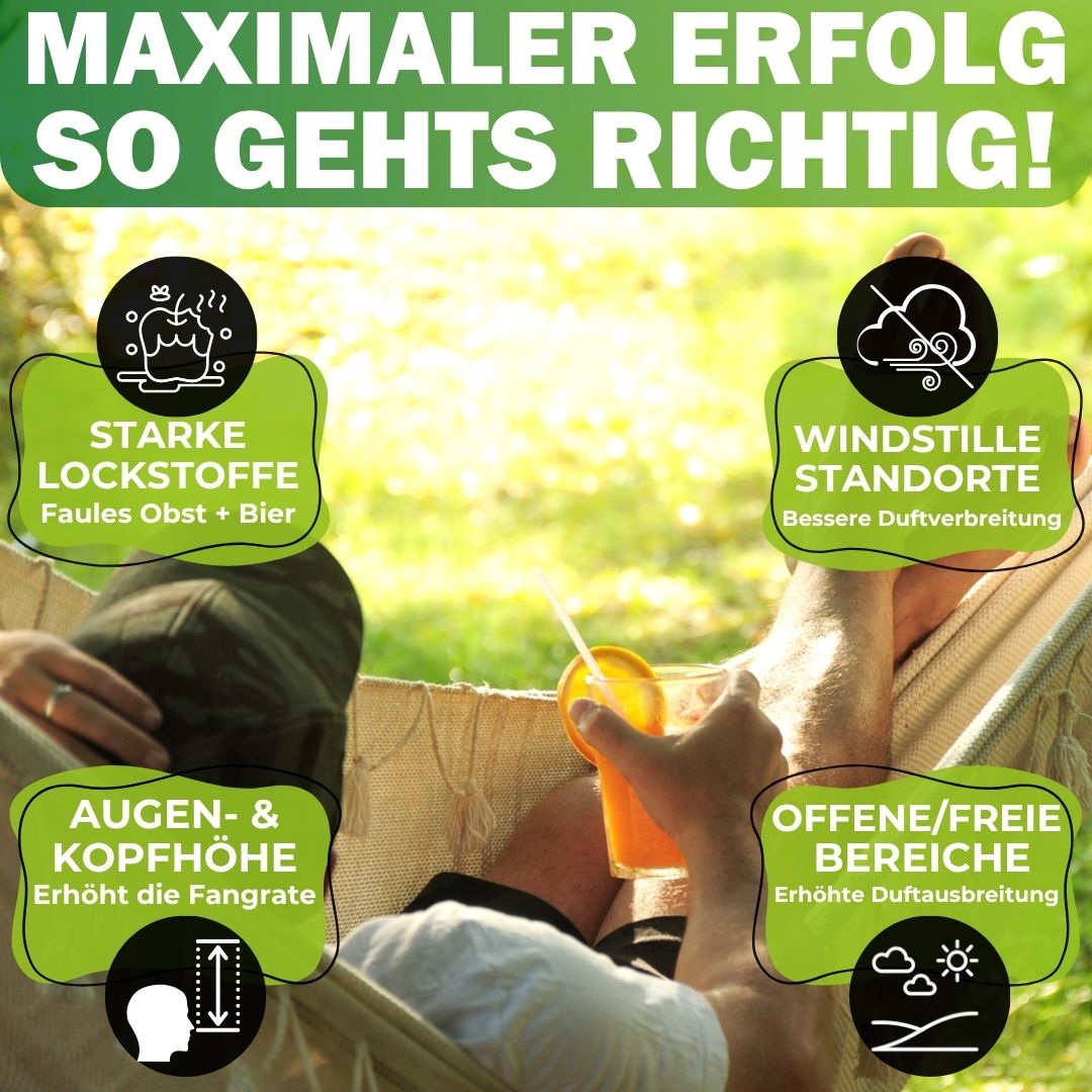Person liegt in einer Hängematte und trinkt. Text: "Maximale Erfolg". Grafiken mit Tipps zur Platzierung der Falle.