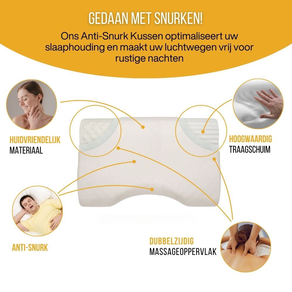 Kussen met tekst en diagrammen. Tekst: Huidvriendelijk materiaal, memory foam, anti-snurk.