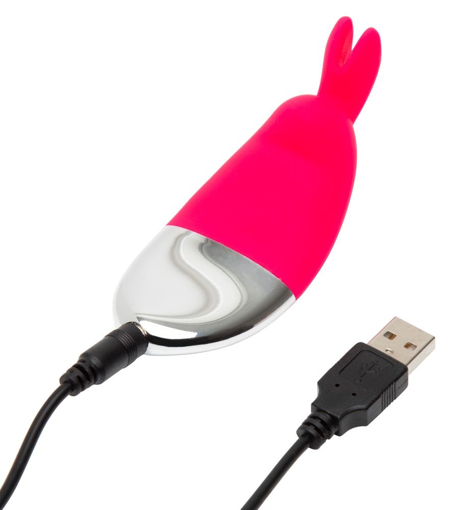 Pinkfarbener Vibrator mit silberfarbenem Unterteil. Hasenohren-Design. Mit USB-Ladekabel.