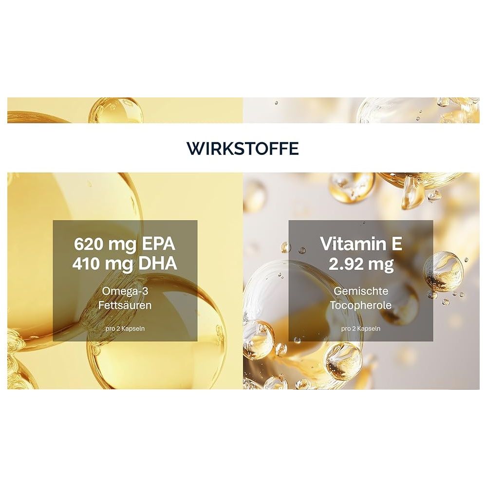 Zwei Bereiche mit Öltropfen. Links: 620 mg EPA, 410 mg DHA. Rechts: Vitamin E, 2,92 mg.