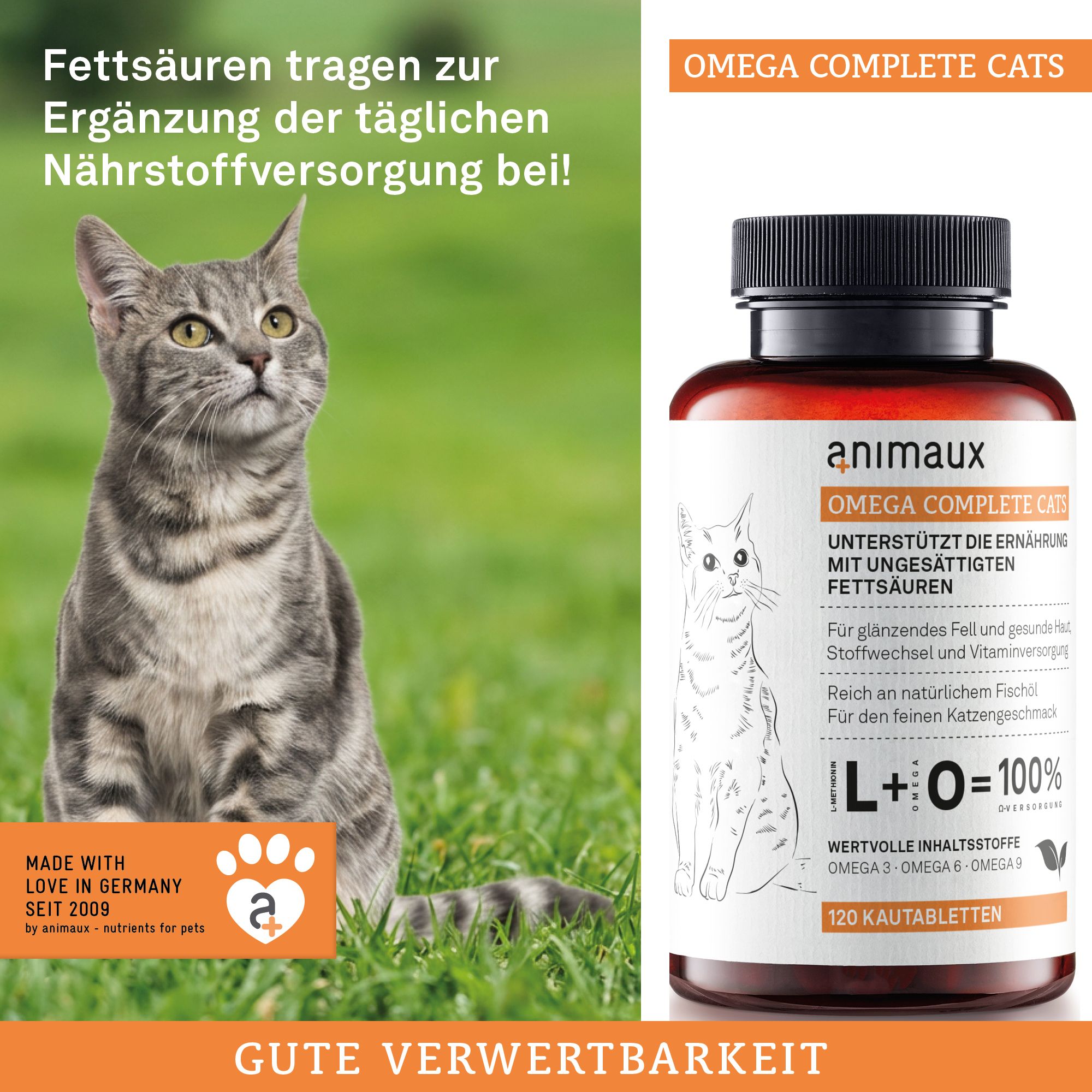 Flasche mit Katzenfutterergänzung neben einer sitzenden Katze im Gras. "Made with love in Germany".
