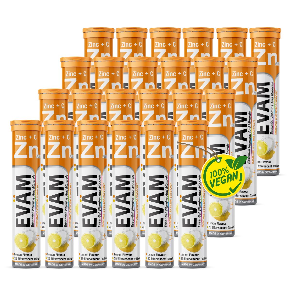 Mehrere Packungen EVÄM Vitamin C + Zink Brausetabletten. 100% Vegan-Siegel.