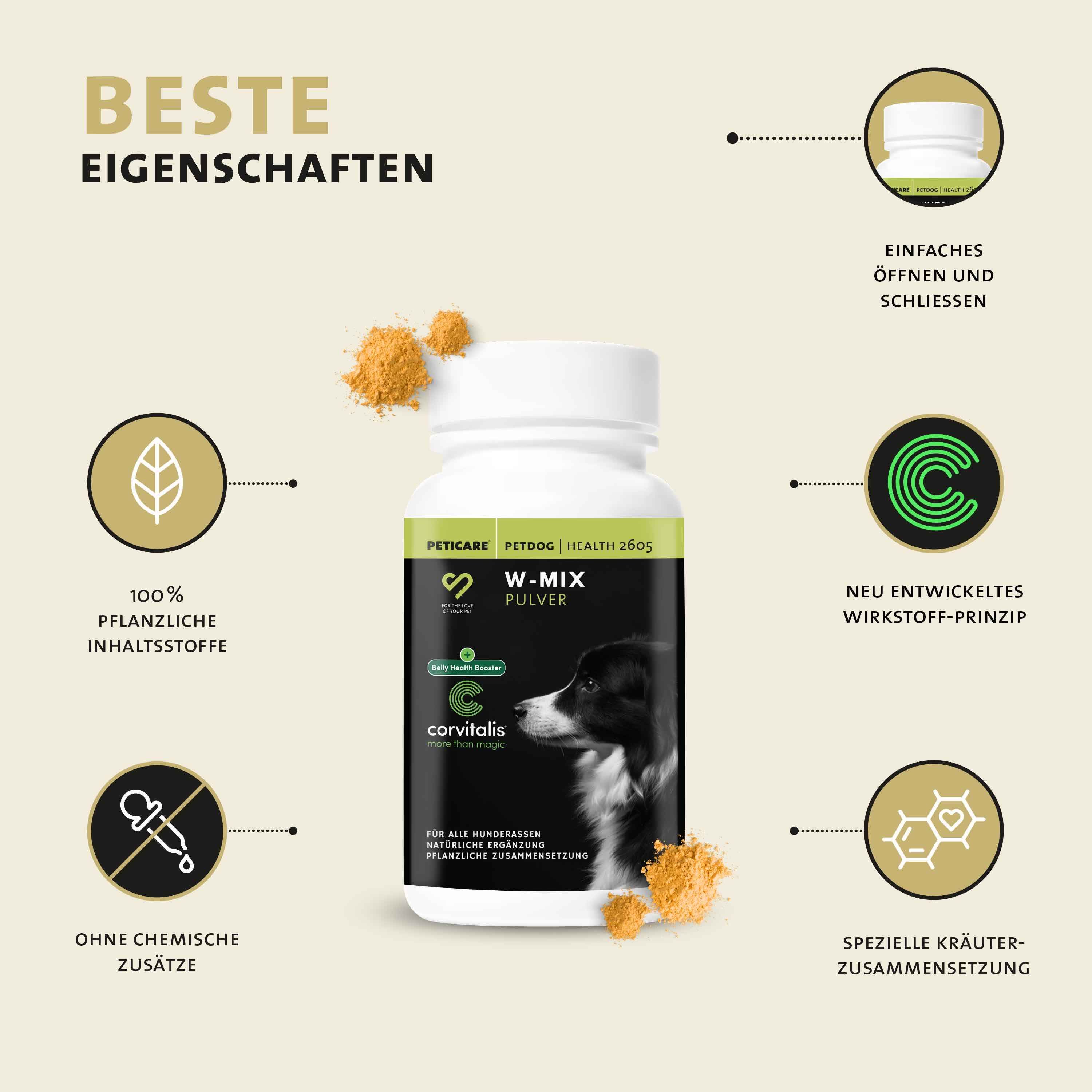 Flasche mit W-Mix Pulver. Text: Beste Eigenschaften. Symbole: Pflanzliche Inhaltsstoffe, ohne Zusätze, Kräuter.
