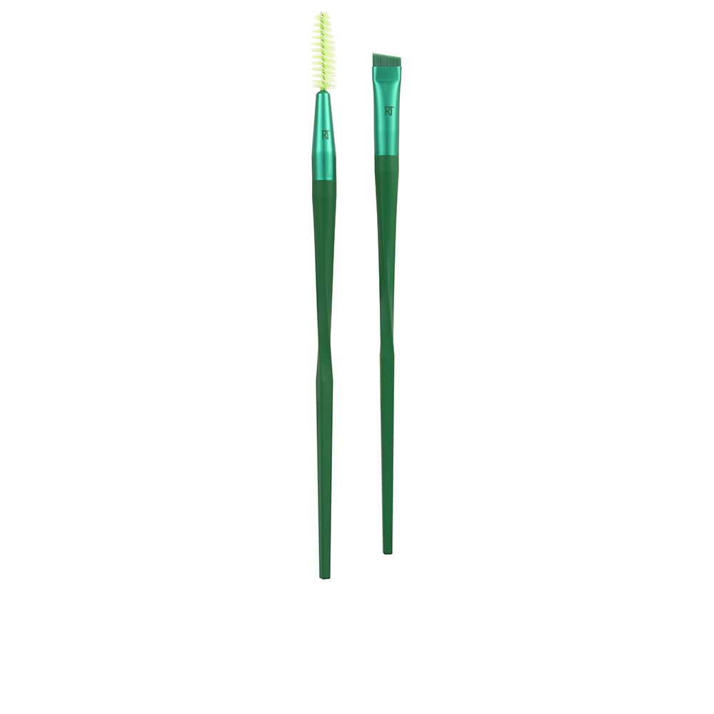 Zwei grüne Augenbrauenbürsten. Eine hat eine spiralförmige Borsten, die andere eine abgeschrägte Form.