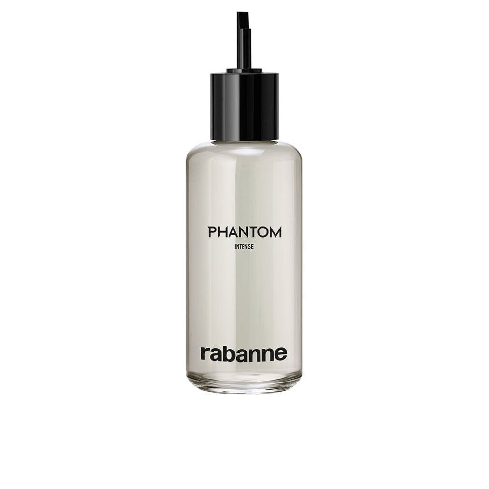 Klarer Flakon mit schwarzem Verschluss und Aufschrift Phantom Intense. Marke Rabanne unten. Flüssigkeit sichtbar.