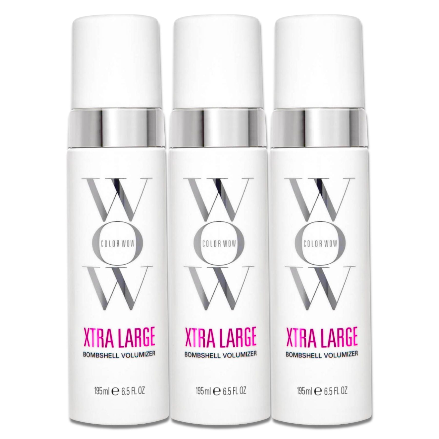 Drei Flaschen COLOR WOW Xtra Large Bombshell Volumizer. Weißes Design mit silbernen Akzenten und rosa Schrift.
