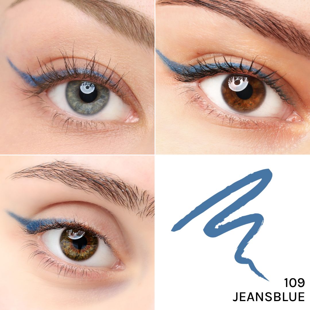 Vier Augen mit blauem Kajal-Eyeliner. Farbton Jeansblue 109. Unterschiedliche Augenfarben.