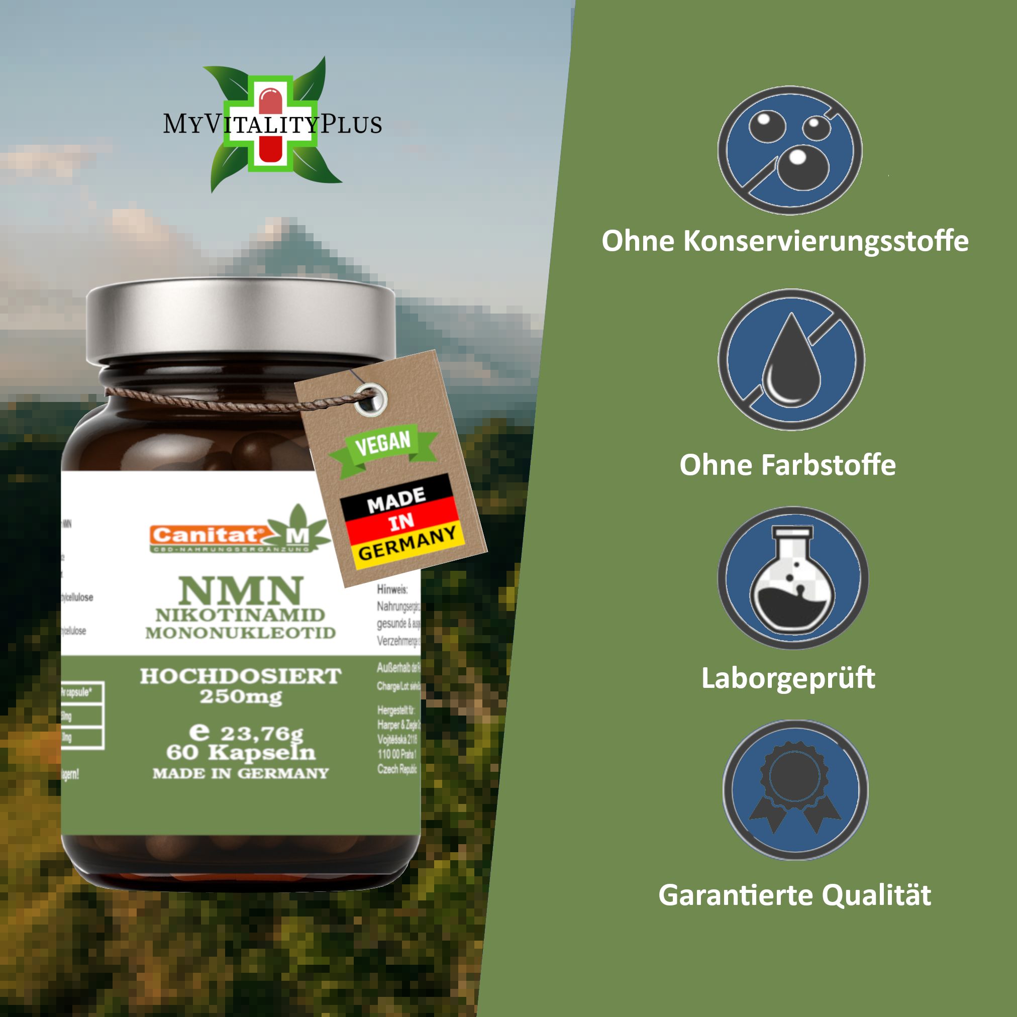 Braune Flasche NMN Kapseln mit Anhänger. Text: Canitat M, NMN, 250mg, 60 Kapseln, Made in Germany, Vegan. Logos: Ohne Konservierungsstoffe.