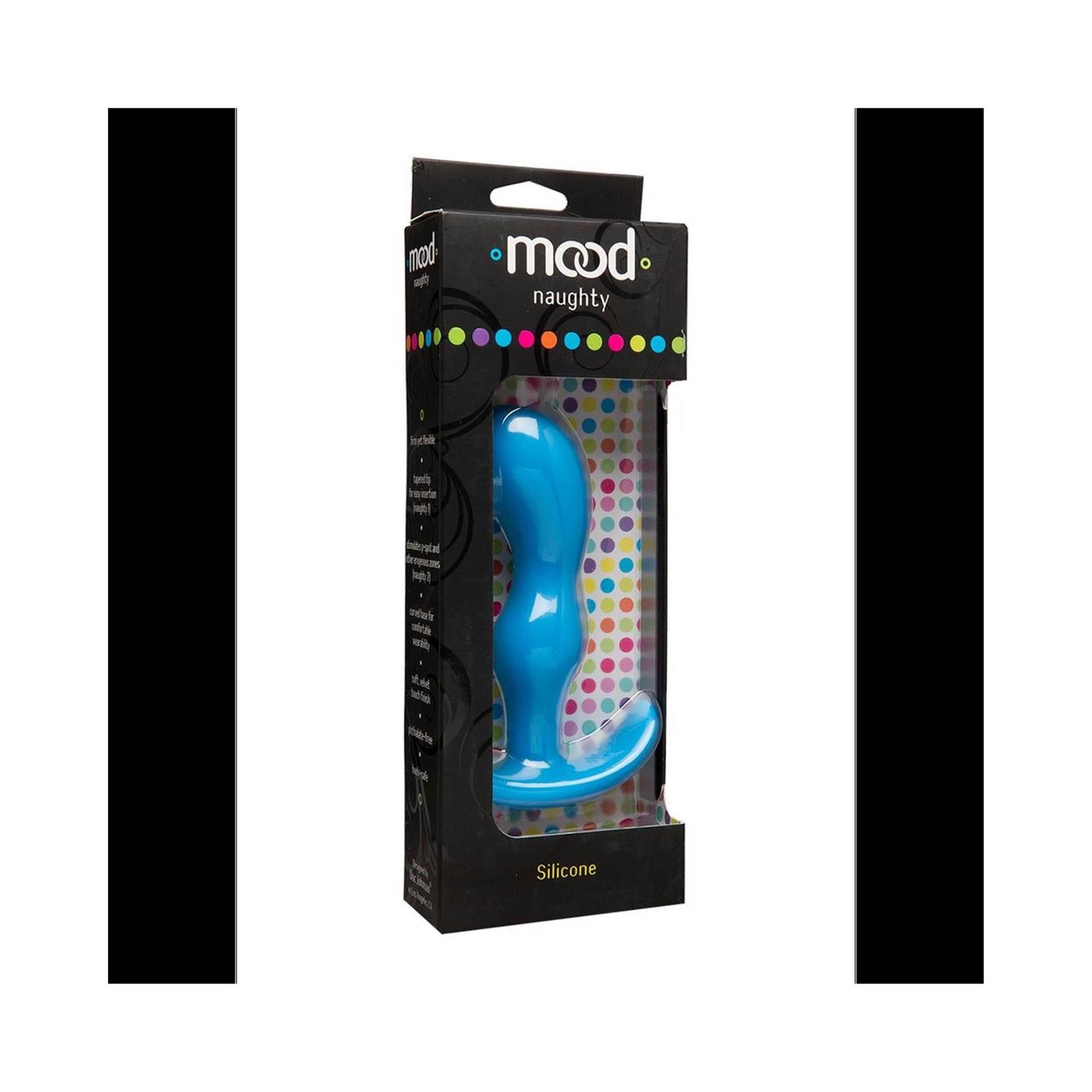 Blauer Analplug in Verpackung. Marke: mood. Naughty-Produkt aus Silikon. Sichtbare Produktmerkmale.