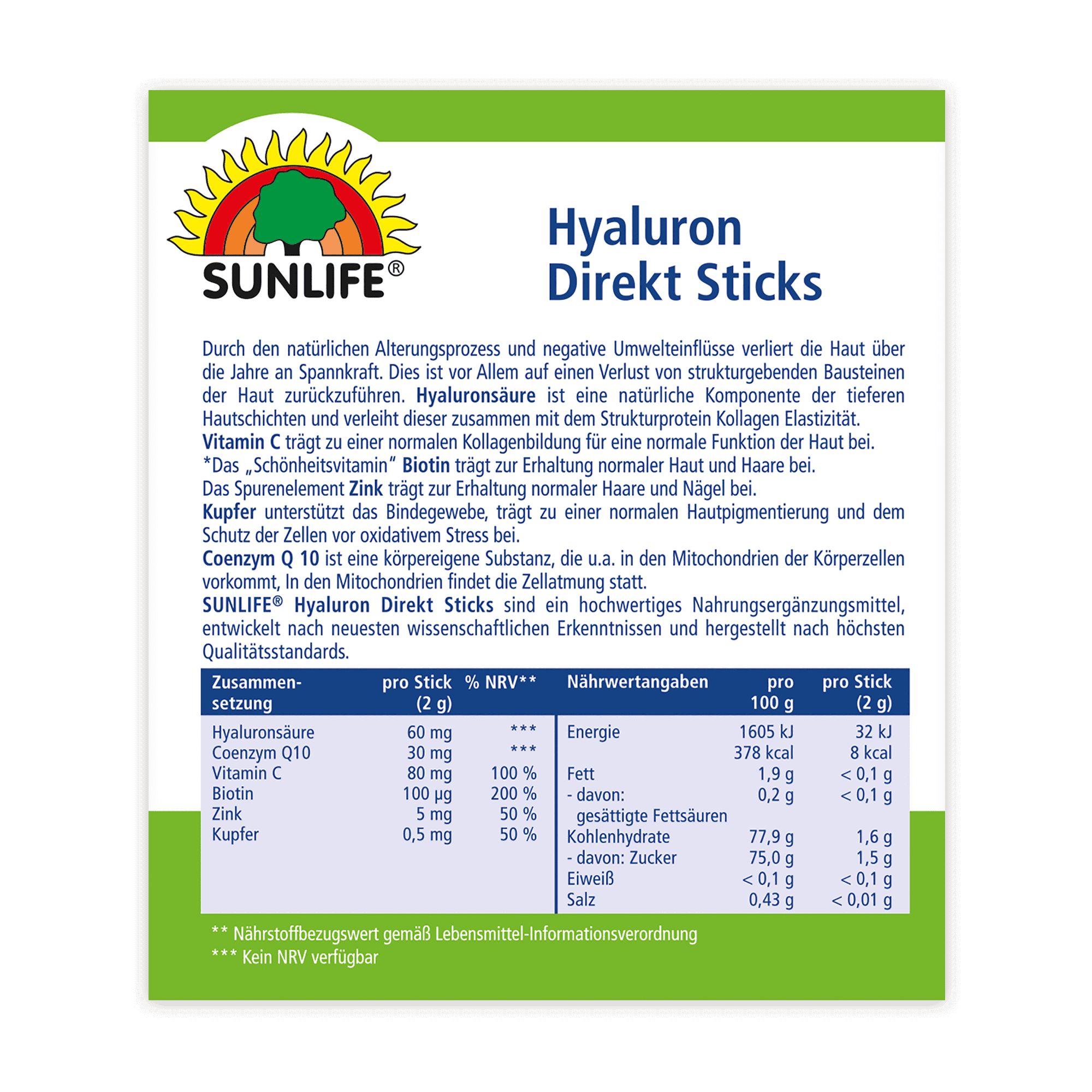 Detailansicht der SUNLIFE® Hyaluron Direkt Sticks Verpackung. Enthält Informationen zu Inhaltsstoffen und Nährwerten. Text in deutscher Sprache.