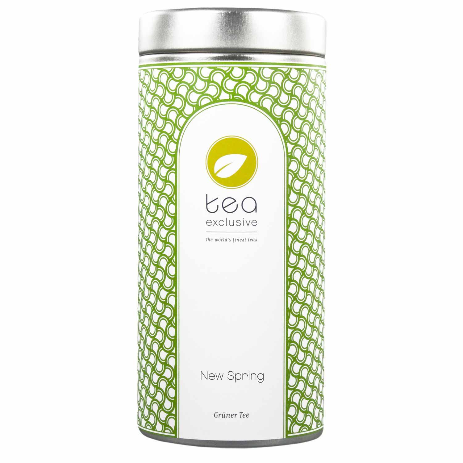 Zylindrische Metalldose mit grünem Muster und Aufschrift "tea exclusive". Text: "New Spring Grüner Tee".