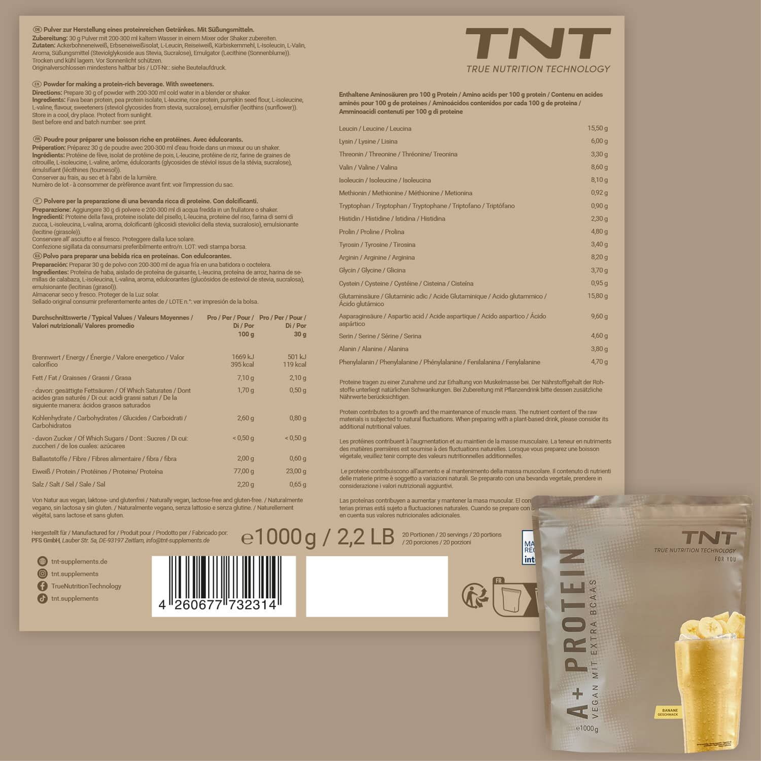 Rückseite der TNT A+ Protein Verpackung. Enthält Nährwertangaben, Zutatenliste und Zubereitungshinweise. Beutel TNT A+ Protein daneben.