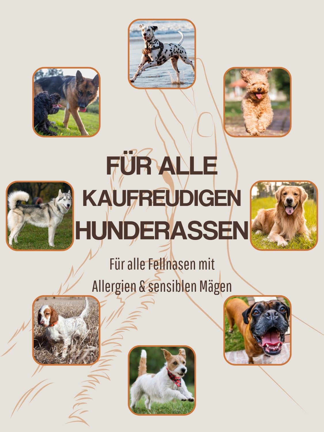 Verschiedene Hunde. Text: Für alle kaufreudigen Hunderassen, für alle Fellnasen mit Allergien & sensiblen Mägen.