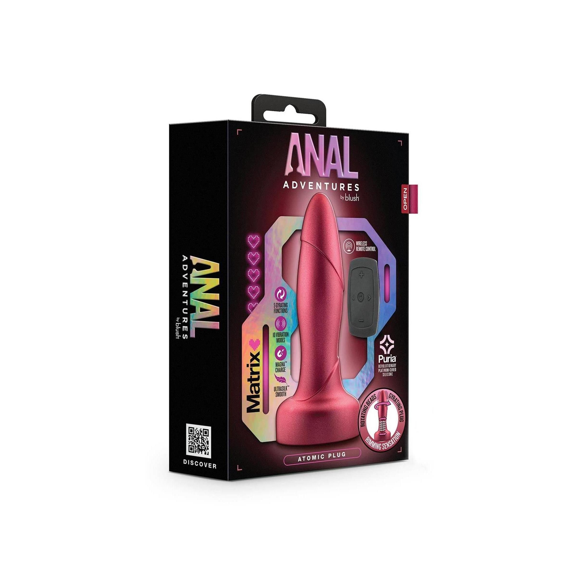 Verpackung mit Analplug und Fernbedienung. Schwarzer Karton mit Produktnamen und Logo. Produktname: ANAL ADVENTURES by blush.